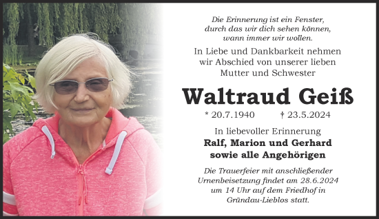 Traueranzeige von Waltraud Geiß von Mittelhessen-Bote