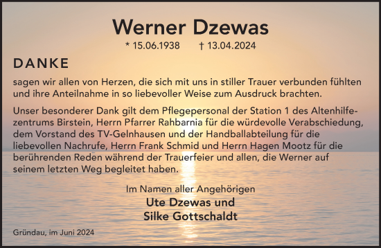 Traueranzeige von Werner Dzewas von Mittelhessen-Bote