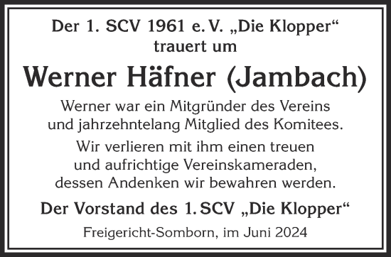 Traueranzeige von Werner Häfner von Gelnhäuser Neue Zeitung