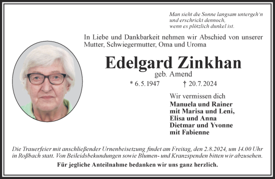 Traueranzeige von Edelgard Zinkhan von Mittelhessen-Bote