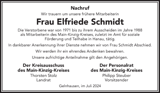 Traueranzeige von Elfriede Schmidt von Mittelhessen-Bote