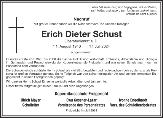 Traueranzeige von Erich Dieter Schust von Gelnhäuser Neue Zeitung
