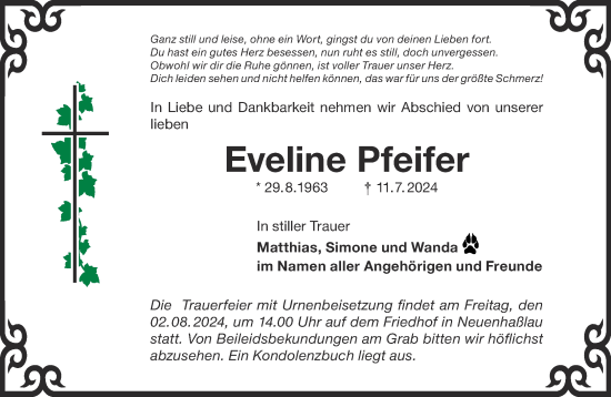 Traueranzeige von Eveline Pfeifer von Gelnhäuser Neue Zeitung