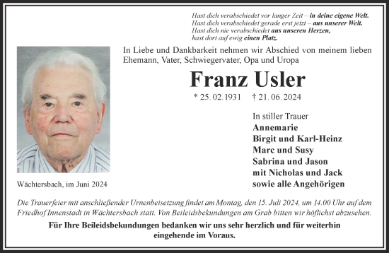 Traueranzeige von Franz Usler von Gelnhäuser Neue Zeitung