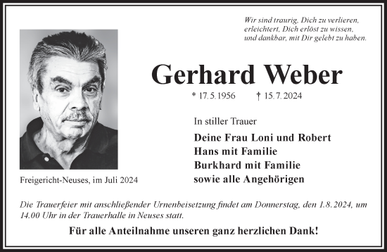 Traueranzeige von Gerhard Weber von Gelnhäuser Neue Zeitung