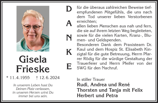 Traueranzeige von Gisela Frieske von Mittelhessen-Bote