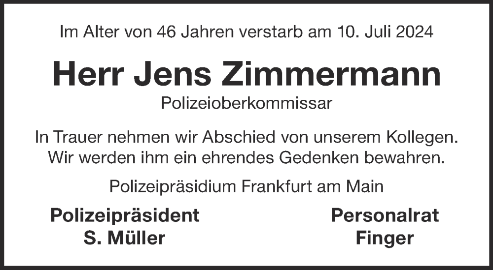  Traueranzeige für Jens Zimmermann vom 24.07.2024 aus Gelnhäuser Neue Zeitung