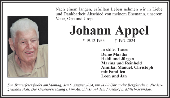 Traueranzeige von Johann Appel von Gelnhäuser Neue Zeitung