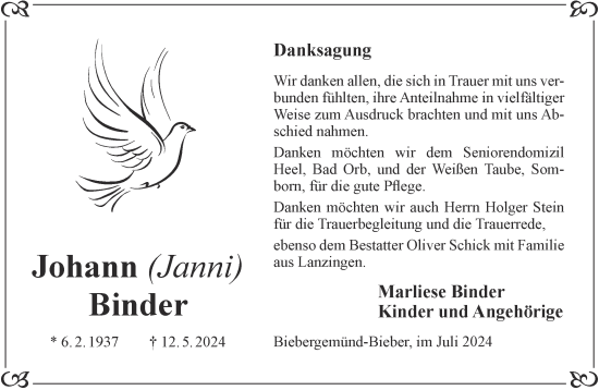 Traueranzeige von Johann Binder von Gelnhäuser Neue Zeitung