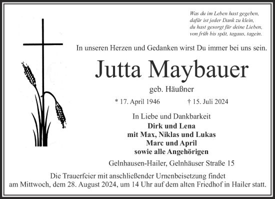 Traueranzeige von Jutta Maybauer von Gelnhäuser Neue Zeitung