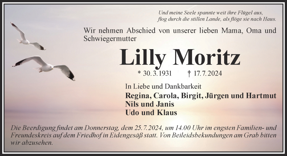  Traueranzeige für Lilly Moritz vom 24.07.2024 aus Gelnhäuser Neue Zeitung