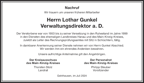 Traueranzeige von Lothar Gunkel von Mittelhessen-Bote