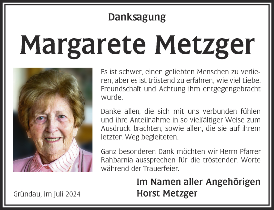 Traueranzeige von Margarete Metzger von Gelnhäuser Neue Zeitung