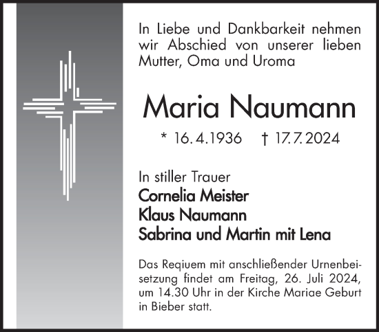 Traueranzeige von Maria Naumann von Mittelhessen-Bote