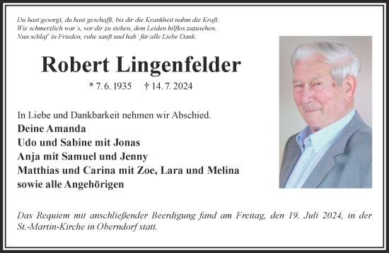 Traueranzeige von Robert Lingenfelder von Mittelhessen-Bote