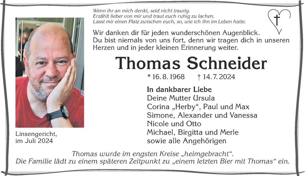  Traueranzeige für Thomas Schneider vom 27.07.2024 aus Gelnhäuser Neue Zeitung