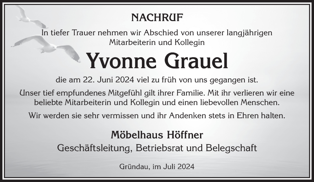  Traueranzeige für Yvonne Grauel vom 06.07.2024 aus Gelnhäuser Neue Zeitung