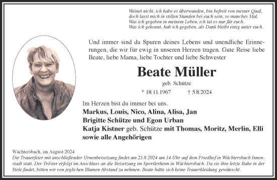 Traueranzeige von Beate Müller von Gelnhäuser Neue Zeitung