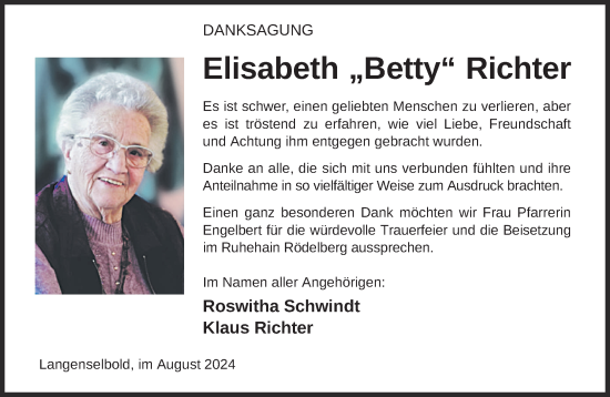 Traueranzeige von Elisabeth Richter von Mittelhessen-Bote