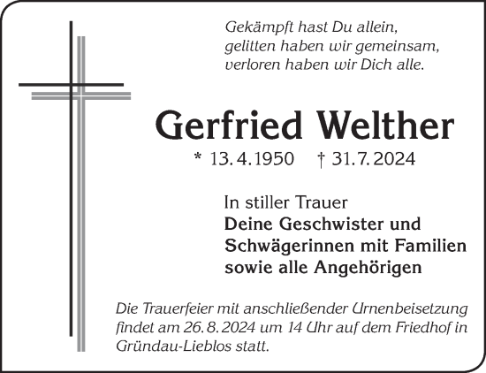 Traueranzeige von Gerfried Welther von Gelnhäuser Neue Zeitung