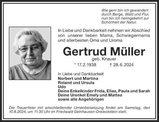 Traueranzeige von Gertrud Müller von Gelnhäuser Neue Zeitung