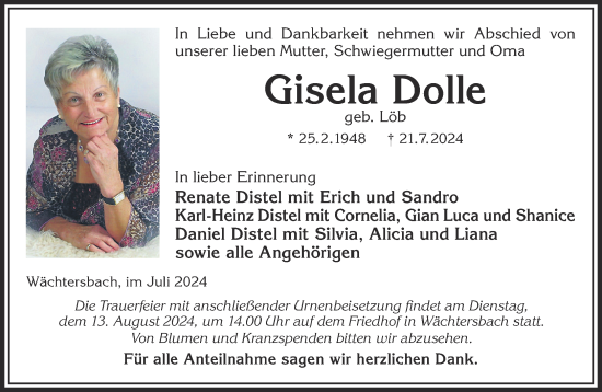 Traueranzeige von Gisela Dolle von Mittelhessen-Bote