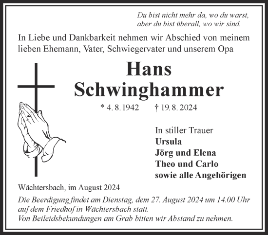 Traueranzeige von Hans Schwinghammer von Gelnhäuser Neue Zeitung