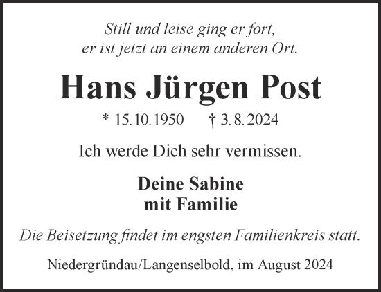 Traueranzeige von Hans Jürgen Post von Gelnhäuser Neue Zeitung