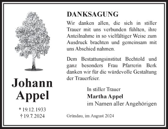 Traueranzeige von Johann Appel von Gelnhäuser Neue Zeitung