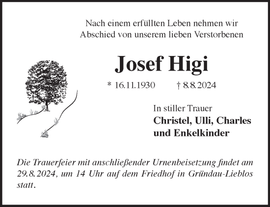 Traueranzeige von Josef Higi von Gelnhäuser Neue Zeitung