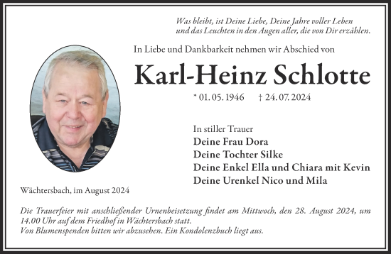 Traueranzeige von Karl-Heinz Schlotte von Gelnhäuser Neue Zeitung