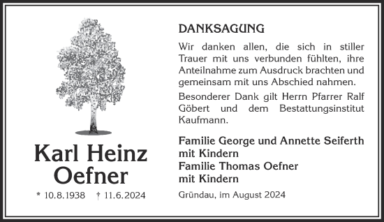 Traueranzeige von Karl Heinz Oefner von Gelnhäuser Neue Zeitung