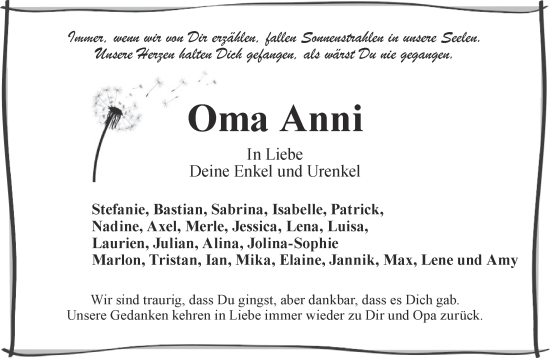 Traueranzeige von Oma Anni  von Mittelhessen-Bote