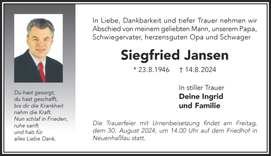 Traueranzeige von Siegfried Jansen von Gelnhäuser Neue Zeitung