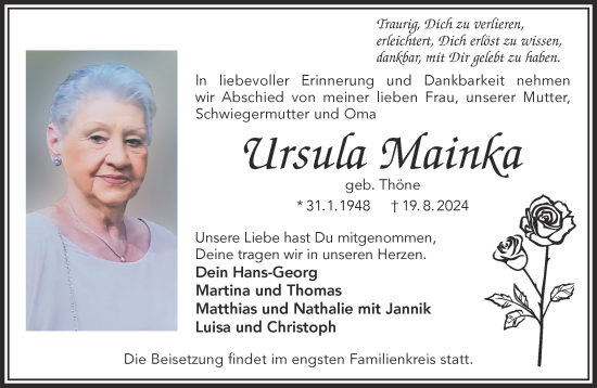 Traueranzeige von Ursula Mainka von Gelnhäuser Neue Zeitung