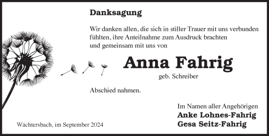 Traueranzeige von Anna Fahrig von Gelnhäuser Neue Zeitung