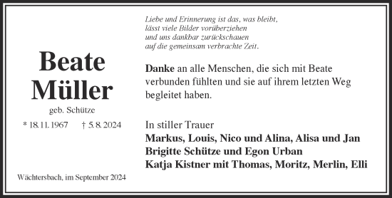 Traueranzeige von Beate Müller von Gelnhäuser Neue Zeitung