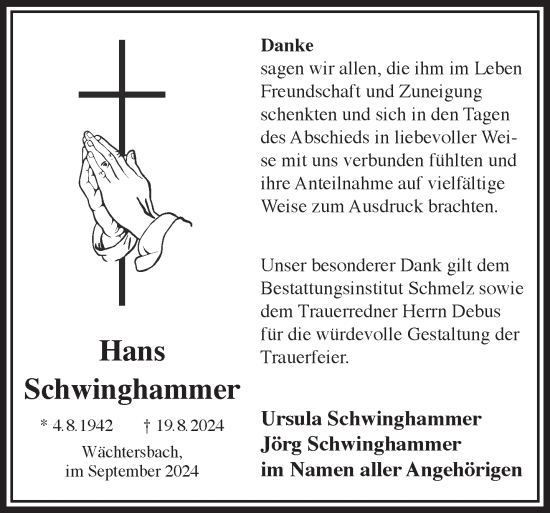 Traueranzeige von Hans Schwinghammer von Gelnhäuser Neue Zeitung