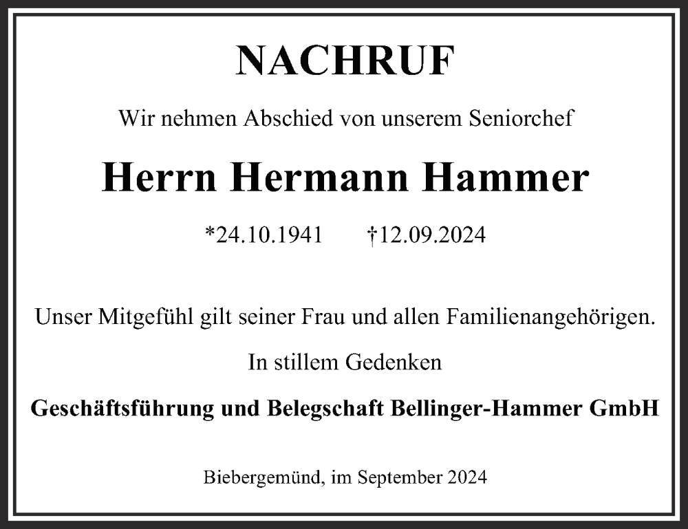  Traueranzeige für Hermann Hammer vom 21.09.2024 aus Mittelhessen-Bote