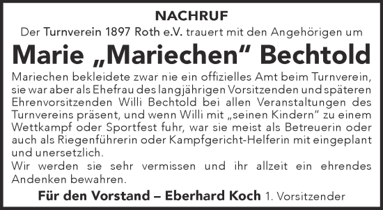 Traueranzeige von Marie Bechtold von Gelnhäuser Neue Zeitung