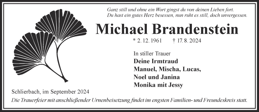  Traueranzeige für Michael Brandenstein vom 07.09.2024 aus Mittelhessen-Bote