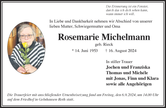 Traueranzeige von Rosemarie  Michelmann von Mittelhessen-Bote