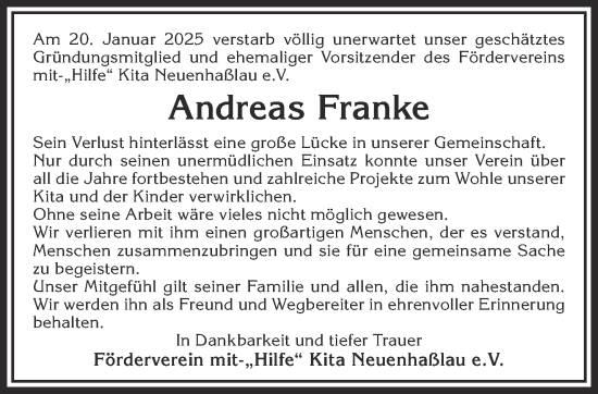 Traueranzeige von Andreas Franke von Gelnhäuser Neue Zeitung