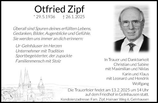 Traueranzeige von Otfried Zipf von Gelnhäuser Neue Zeitung