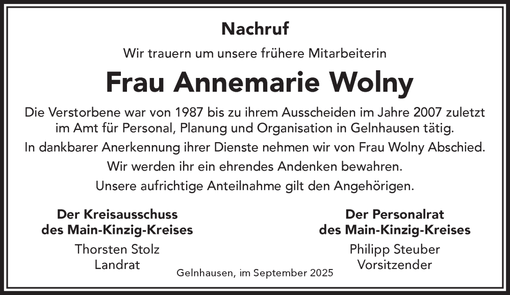  Traueranzeige für Annemarie Wolny vom 04.10.2025 aus Mittelhessen-Bote