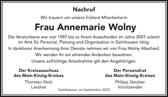 Traueranzeige von Annemarie Wolny von Mittelhessen-Bote
