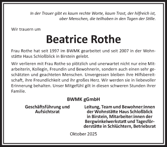 Traueranzeige von Beatrice Rothe von Mittelhessen-Bote