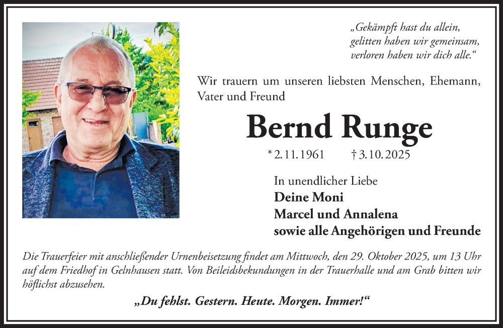  Traueranzeige für Bernd Runge vom 25.10.2025 aus Gelnhäuser Neue Zeitung