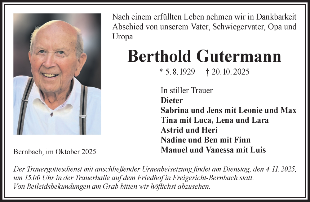  Traueranzeige für Berthold Gutermann vom 01.11.2025 aus Mittelhessen-Bote