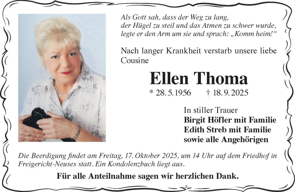  Traueranzeige für Ellen Thoma vom 04.10.2025 aus Gelnhäuser Neue Zeitung